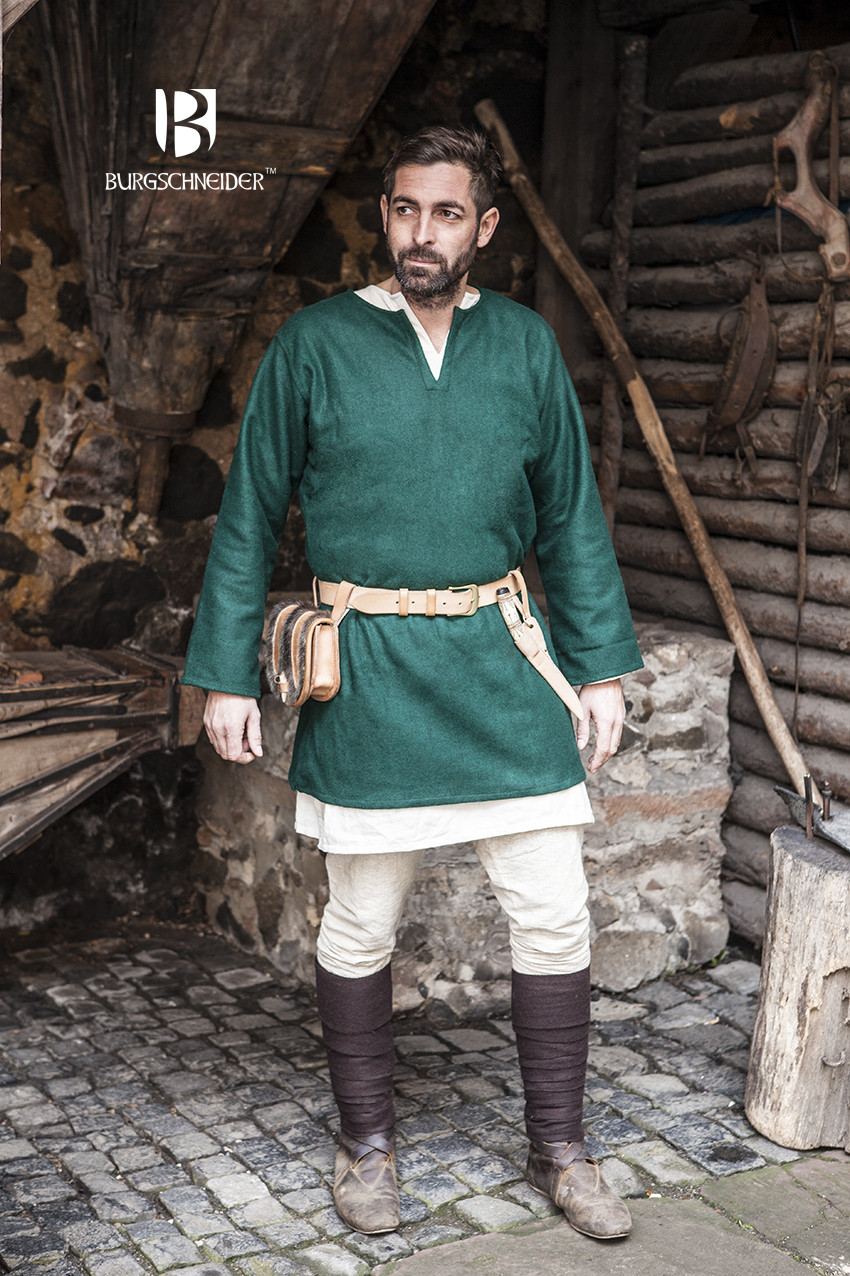 Viking Tunic - Green Tunic - Knee Length, Short Sleeves With Embroider