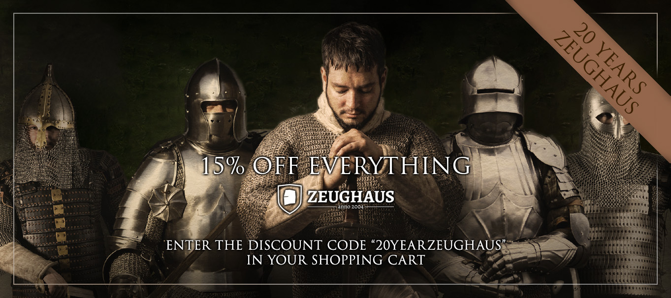 In the background there are different people wearing different types of armour. Text on image: 20 Years Zeughaus. 15% off everything. Enter the discount code 20yearzeughaus in your shopping cart.